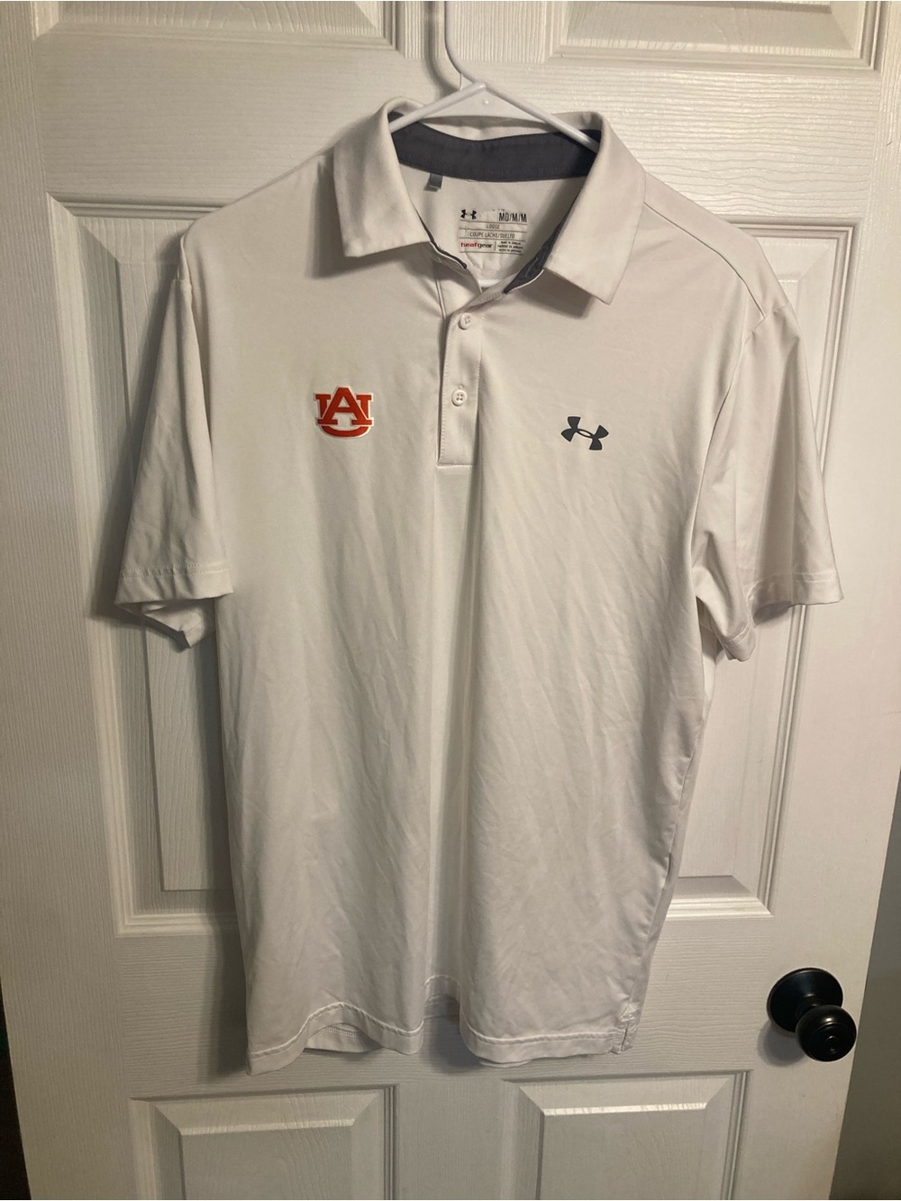 Under Armour White Auburn Polo with Orange Auburn AU Logo